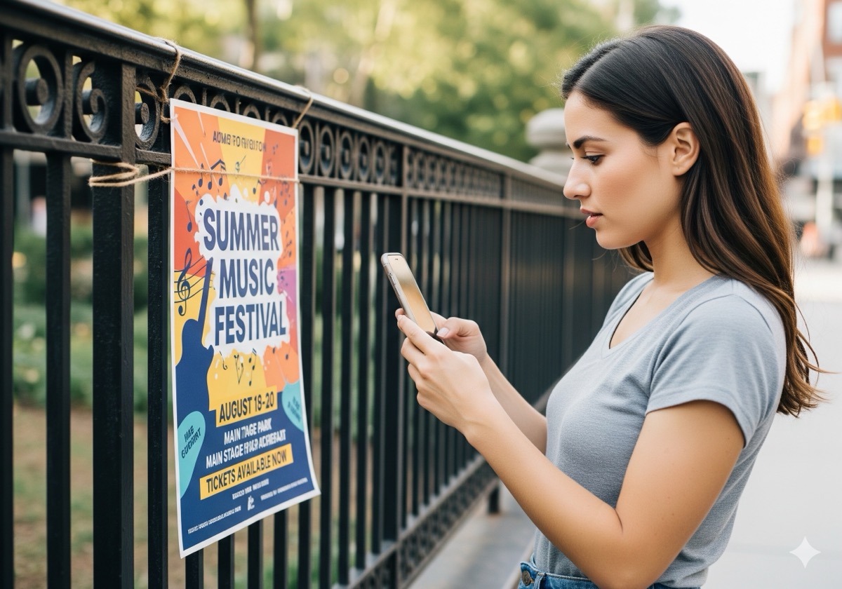 Person using smartphone to capture event poster